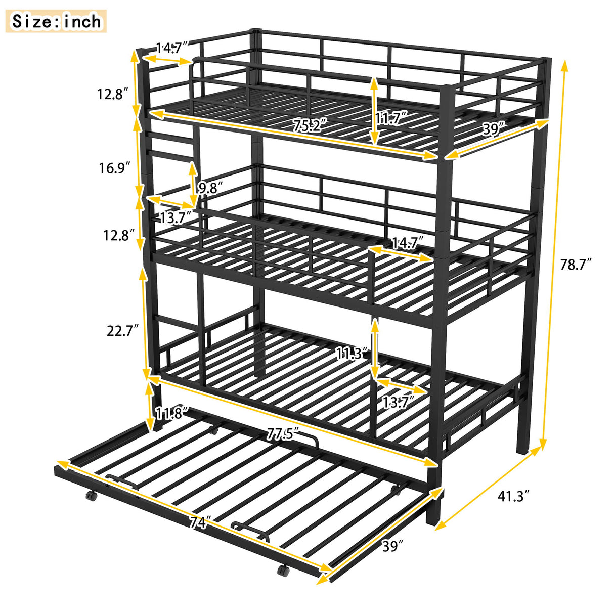 Triple Bunk Bed With Trundle, Heavy Duty Steel Construction