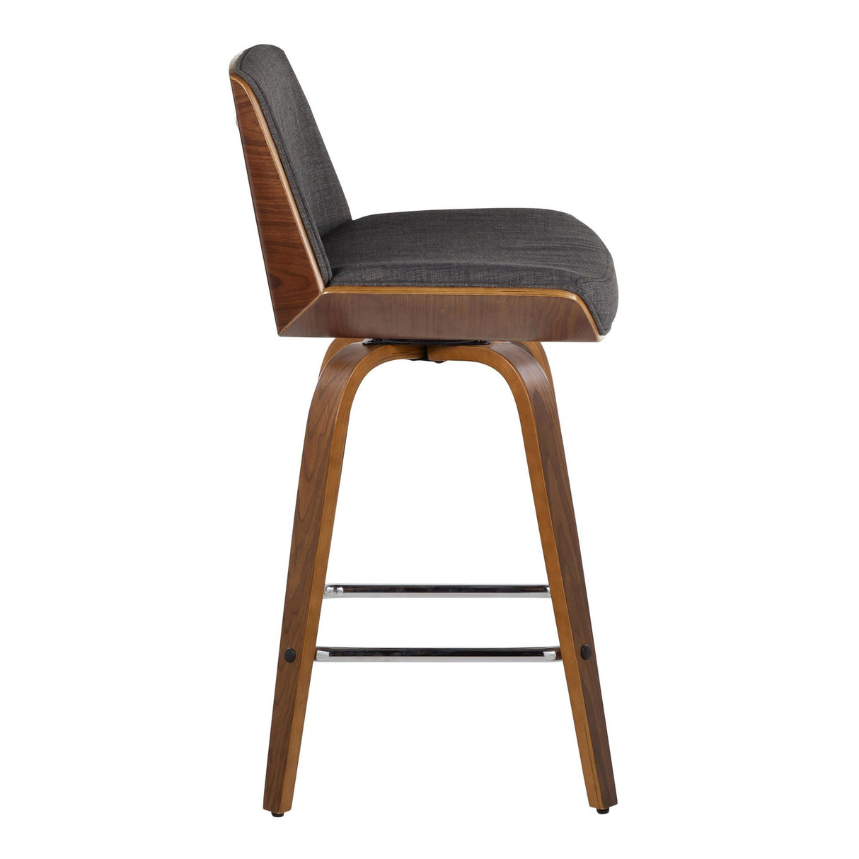 Corazza - Mid-Century Modern Fixed-Height Swivel Counter Stool (Set of 2) - Walnut Wood And Charcoal Fabric With Square Chrome Metal Footrest