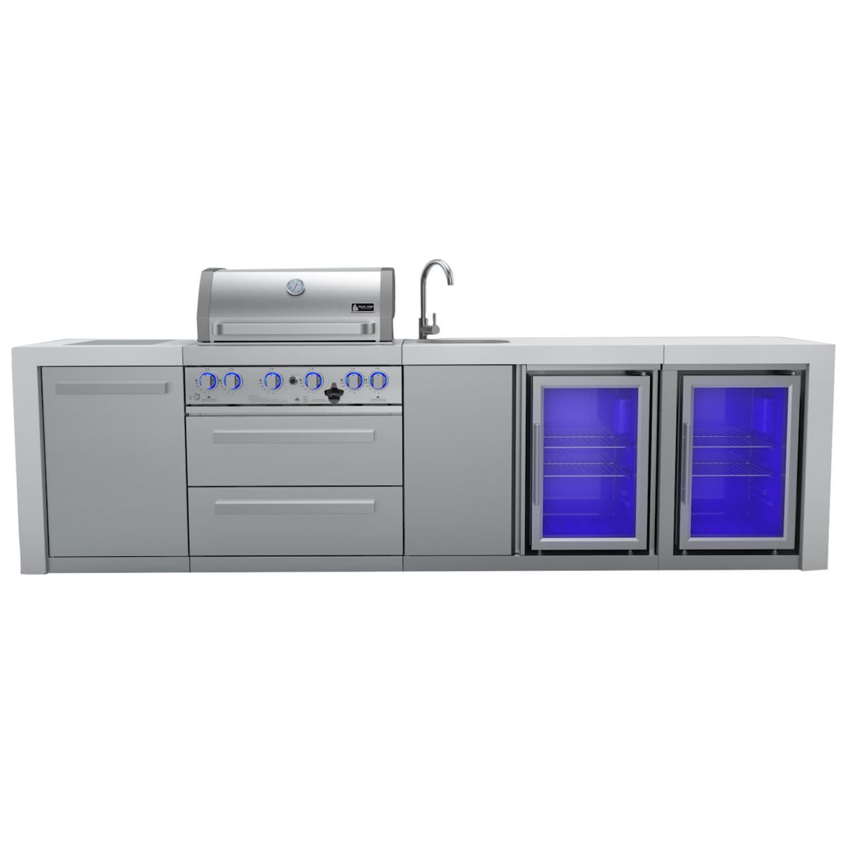 Mont Alpi Deluxe Series 10 Ft Natural Gas Outdoor Kitchen Island w/ Side Burner, Beverage Center & Fridge - MAi400-DBEVFC