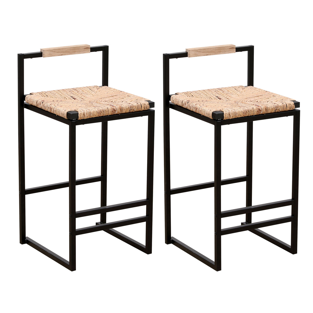 Water Hyacinth Woven Bar Stools With Back Support, Counter Height Dining Chairs (Set of 2) - Natural