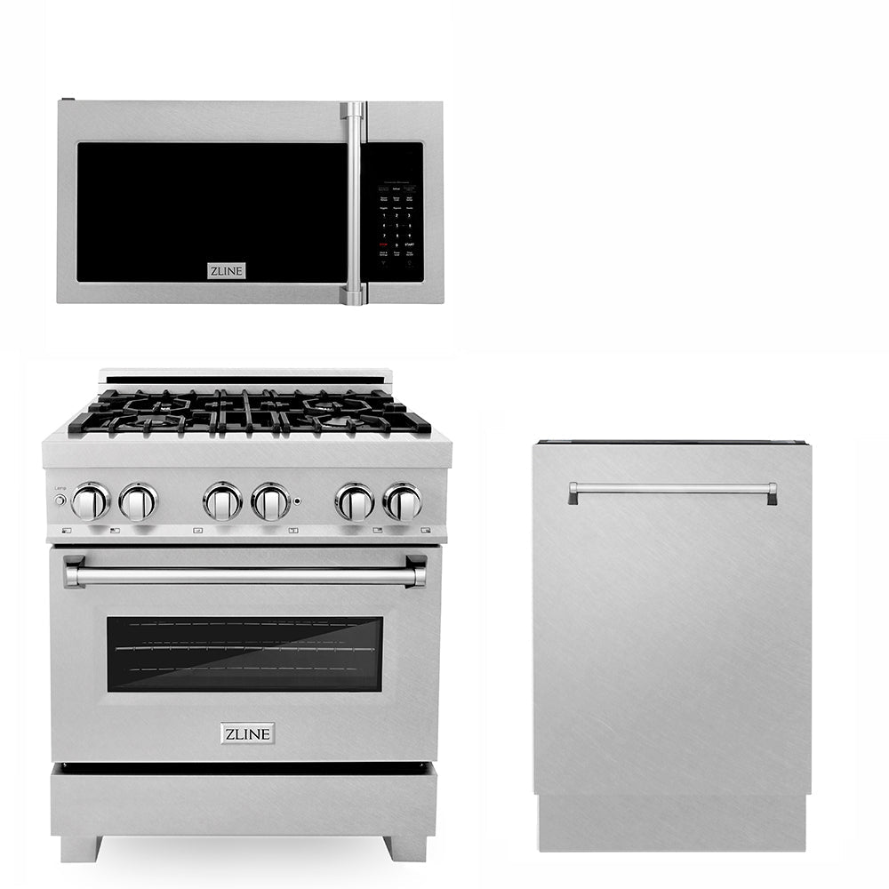 ZLINE 30 in. Kitchen Package with Satin Stainless Steel Dual Fuel Range, Over the Range Microwave and Tall Tub Dishwasher (3KP-RASOTRHDWV30) - (3KPRASOTRHDWV30) -