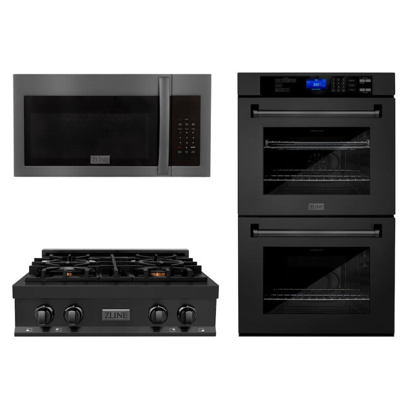 Kitchen Package with 30 in. Black Stainless Steel Rangetop, 30 in. Over The Range Microwave with Modern Handle and Double Wall Oven - (3KPRTBOTR30AWD) -