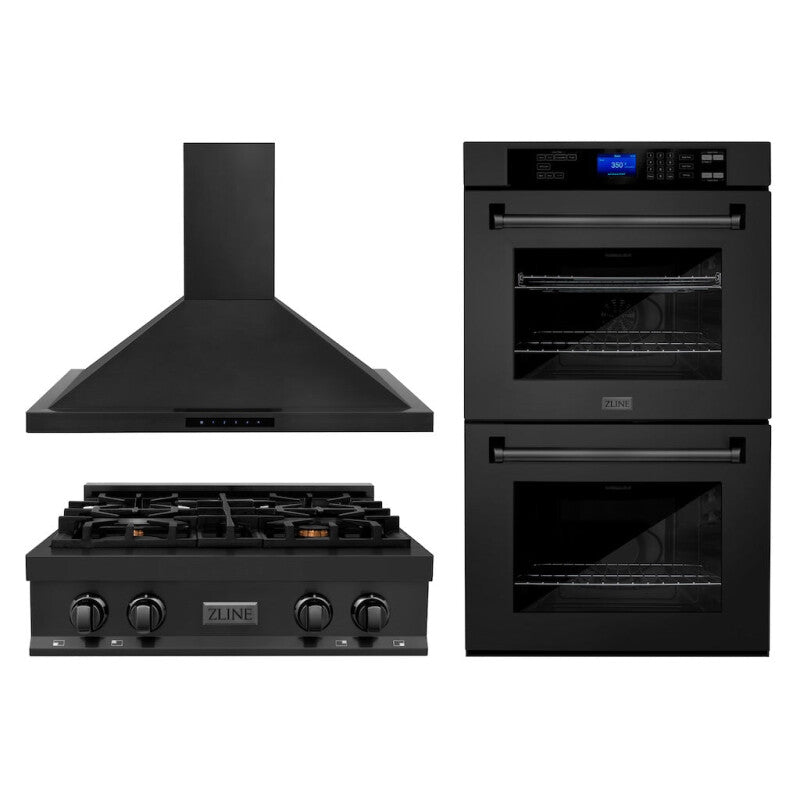 Kitchen Package with 30 in. Black Stainless Steel Rangetop, 30 in. Convertible Range Hood and Double Wall Oven - (3KPRTBRH30AWD) -