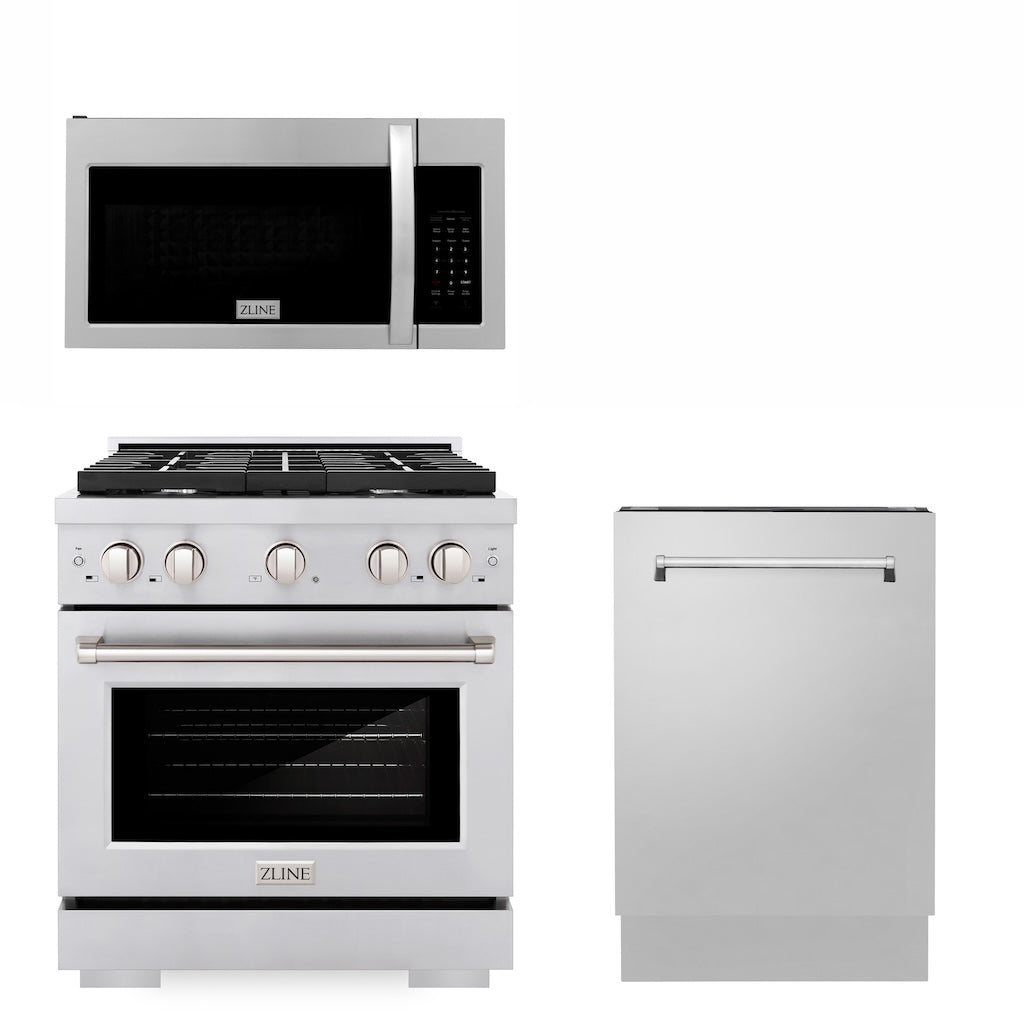 30 in. Kitchen Package with Stainless Steel Gas Range, Modern Over The Range Microwave and Tall Tub Dishwasher - (3KPSGROTR30DWV) -