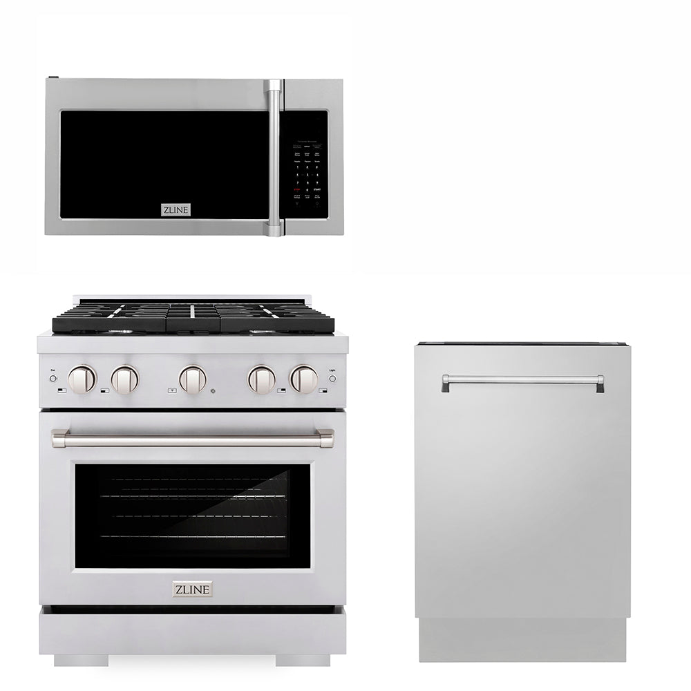 30 in. Kitchen Package with Stainless Steel GAs Range, Traditional Over The Range Microwave and Tall Tub Dishwasher - (3KPSGROTRH30DWV) -