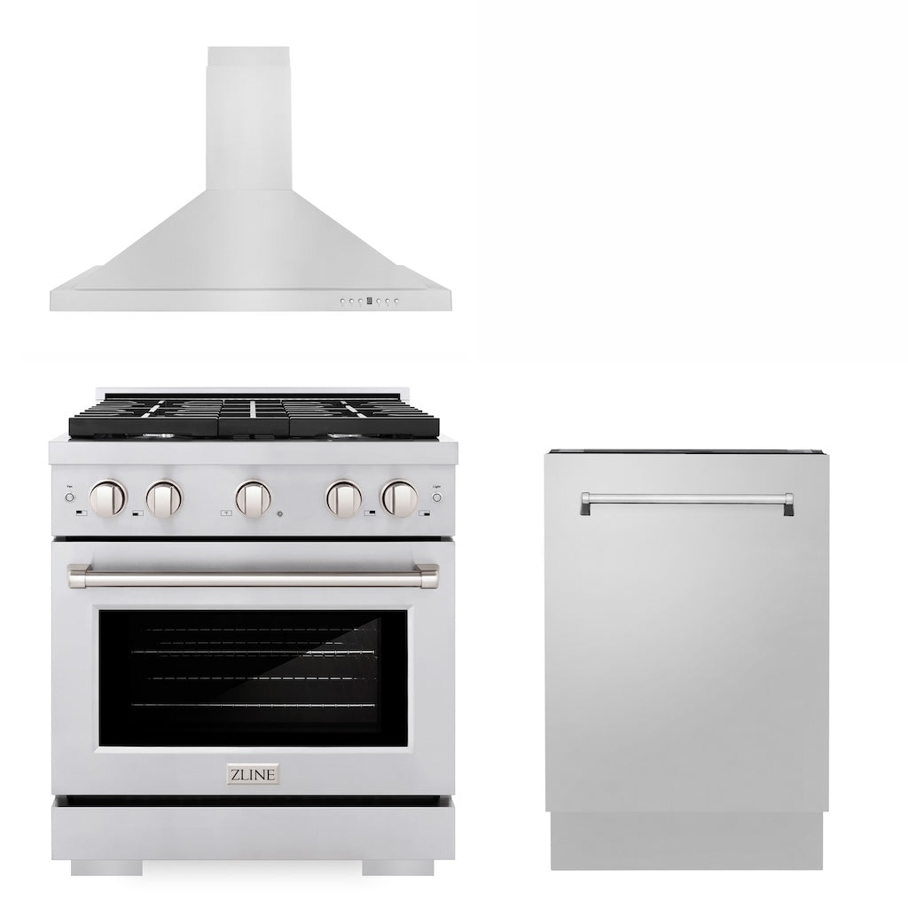 30 in. Kitchen Package with Stainless Steel Gas Range, Convertible Vent Range Hood and Tall Tub Dishwasher - (3KPSGRRH30DWV) -