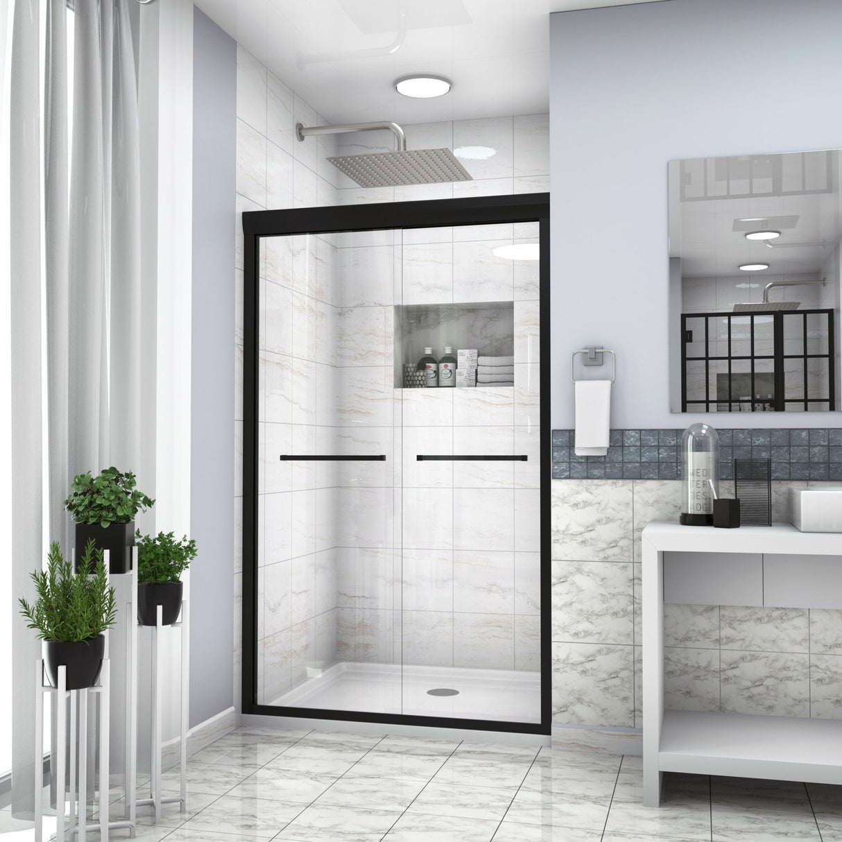 Modern Double Sliding Shower Enclosure, Tempered Glass