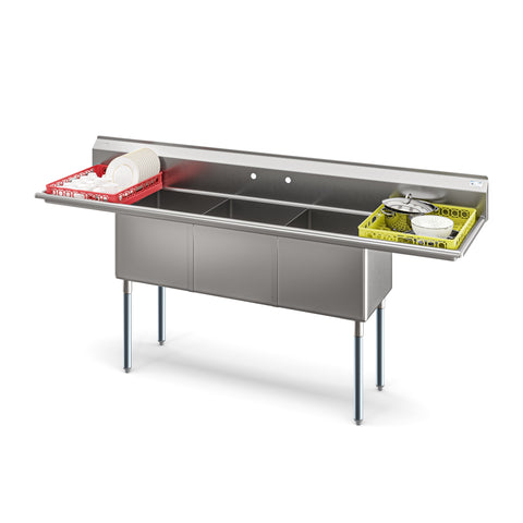 90 in. Three Compartment Commercial Sink Bowl Size 18x18x14 18-Gauge Stainless-Steel with 2 Drainboards (KM-SC181814-18B3)