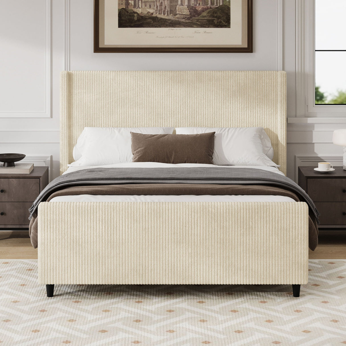 Upholstered Bed Frame With Vertical Stripe Wingback And High Footboard