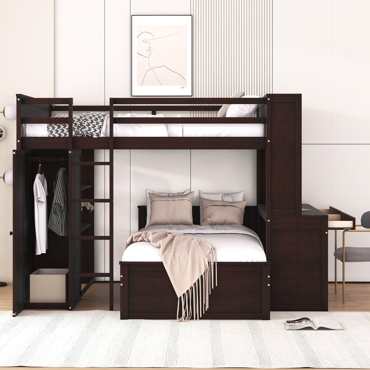 Loft Bed With A Twin Size Standalone Bed, Shelves, Desk, And Wardrobe