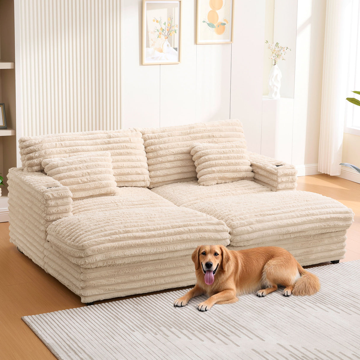 Plush Oversized Double Chaise Lounge Sofa Bed With USB Ports And Cup Holders