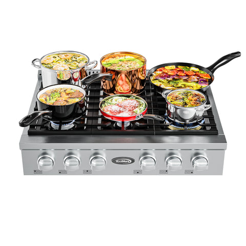 36 in Gas Range-Top with 6 Sealed Italian Burners and Stainless-Steel Stovetop Knobs.