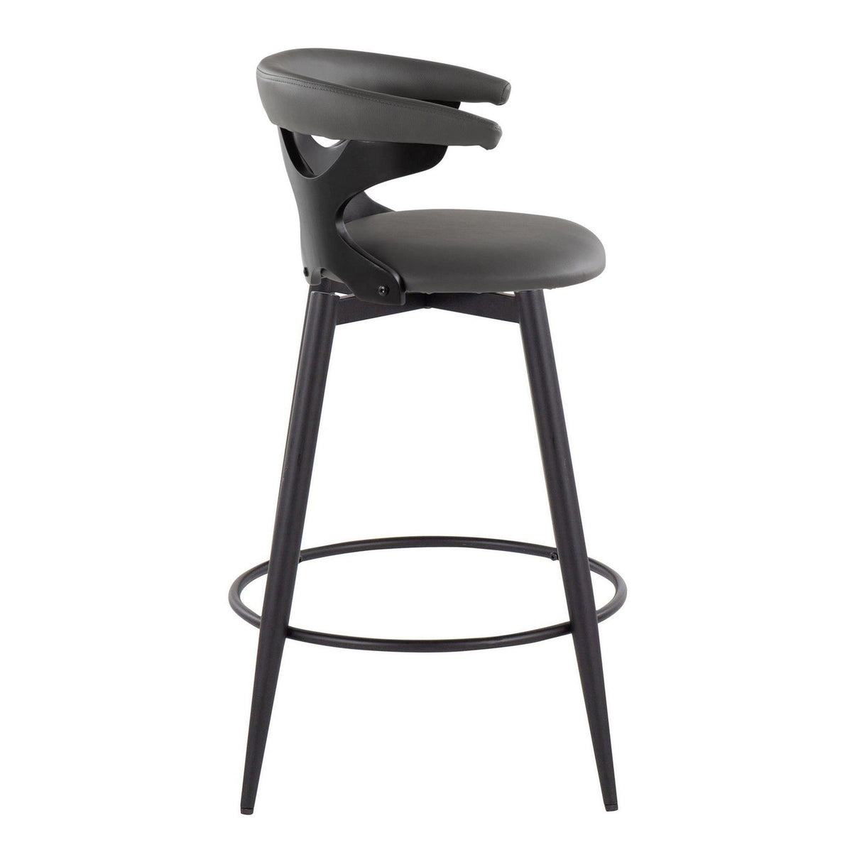Gardenia - 25" Fixed-Height Counter Stool With Swivel And Rounded Black Metal Footrest (Set of 2) - Black Metal, Black Wood And Gray Faux Leather