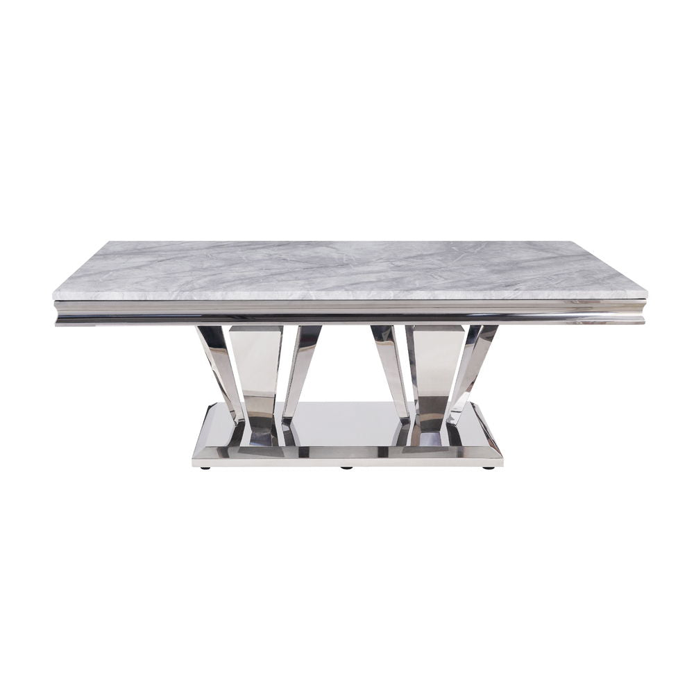 Satinka - Coffee Table - Light Gray Printed Faux Marble Top & Mirrored Silver