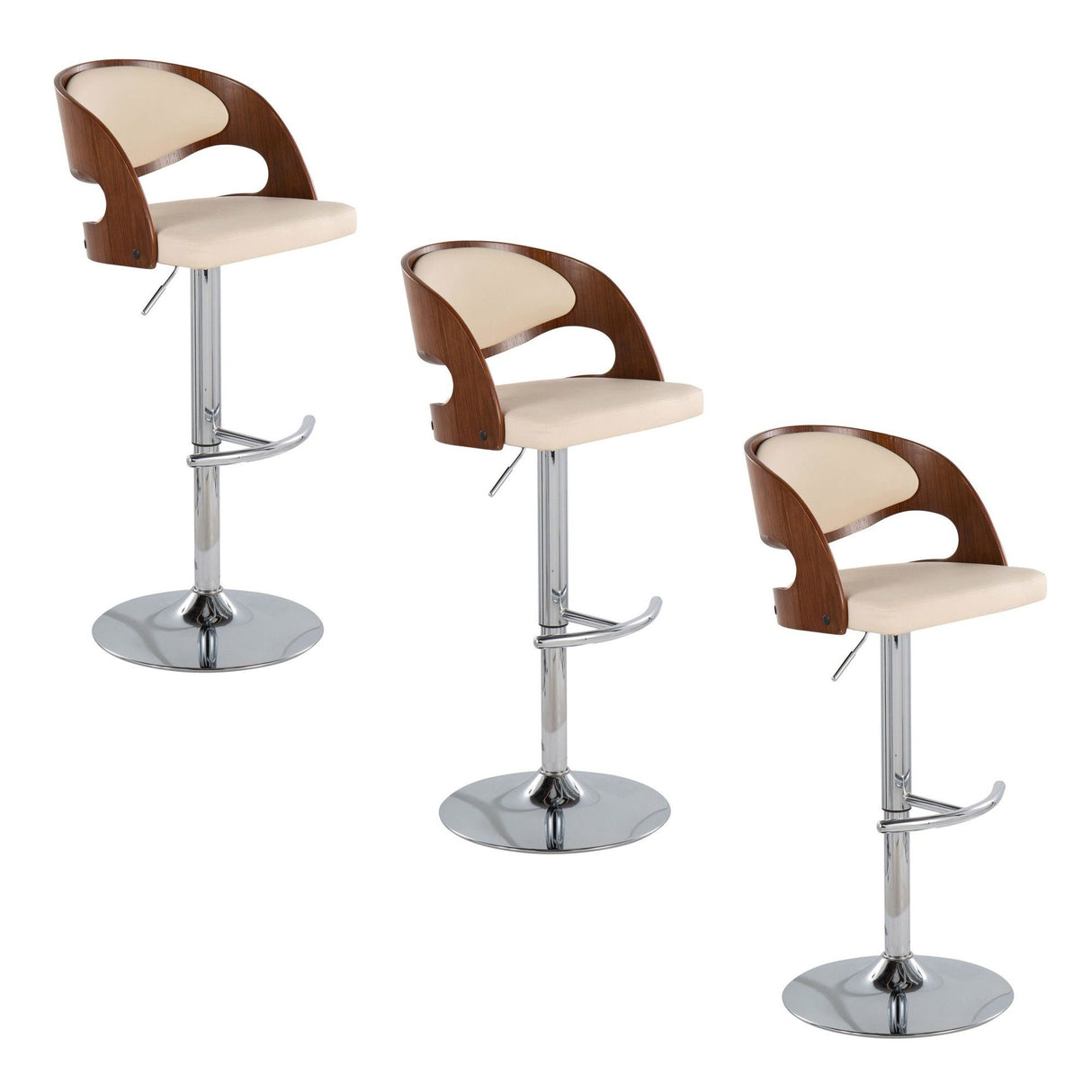 Pino - Adjustable Barstool With Swivel (Set of 3) - Chrome Metal, Walnut Wood And Cream Faux Leather With Rounded T Footrest