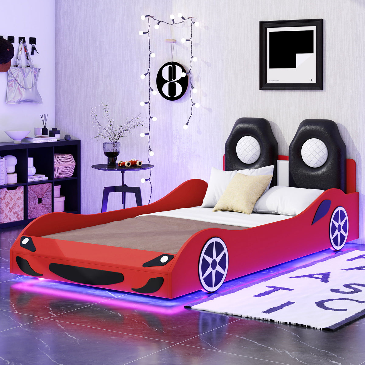 Race Car Shaped Platform Bed With LED And Upholstered Backrest In