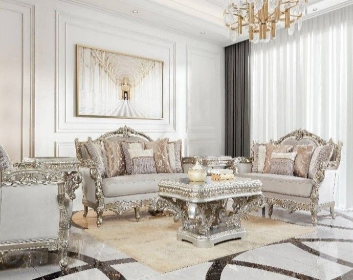 HD-1609 - 3 Piece Sofa Set - Silver With Gold Highlighting