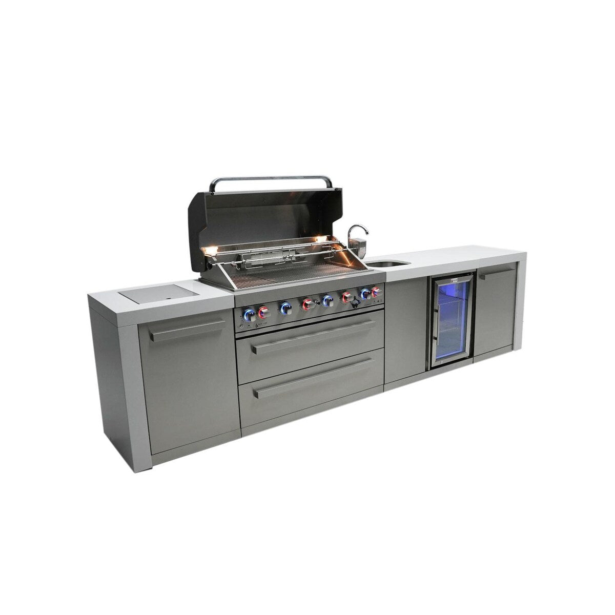 Mont Alpi Deluxe Series 11 Ft Propane Outdoor Kitchen Island w/ Side Burner & Beverage Center- MAi805-DBEV