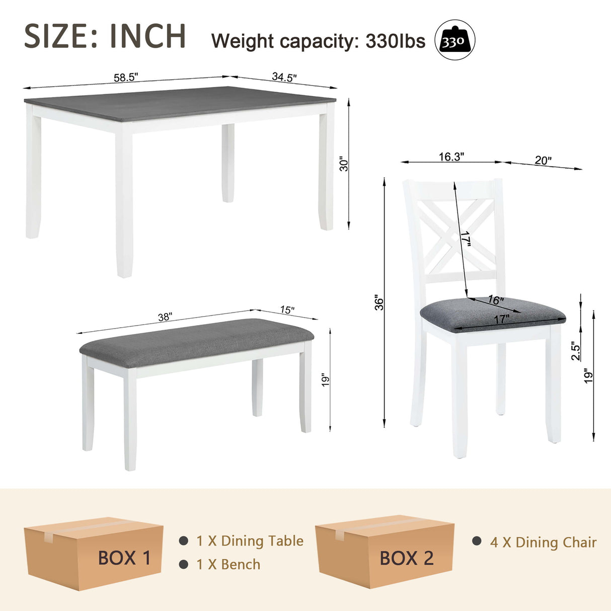 6 Piece Kitchen Dining Set, Rectangular Dining Table With 4 Upholstered Chairs And Bench - Gray / White