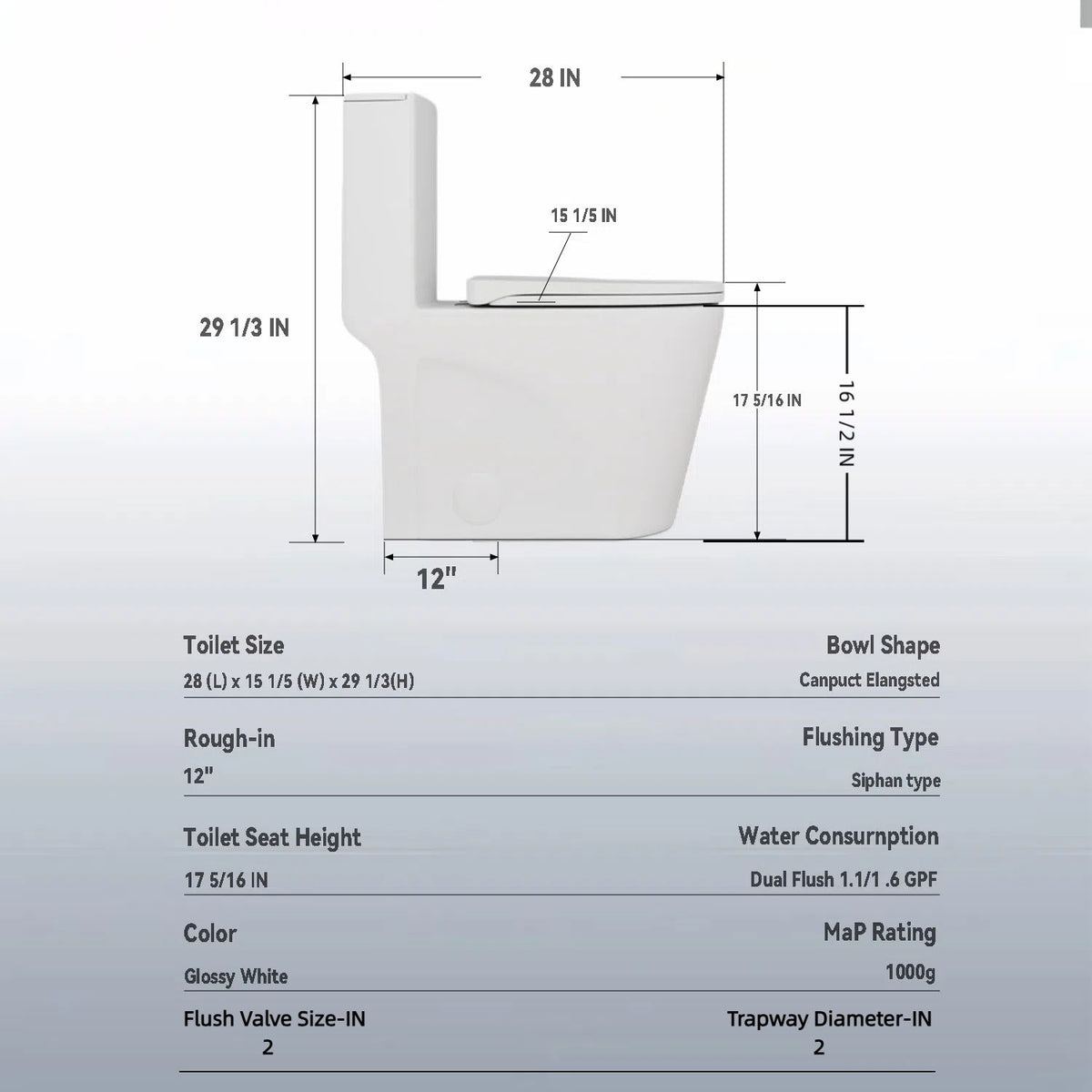 Glossy Tornado Flush 1 Piece Toilet With Dual Flush, Soft Close Seat - Gloss White