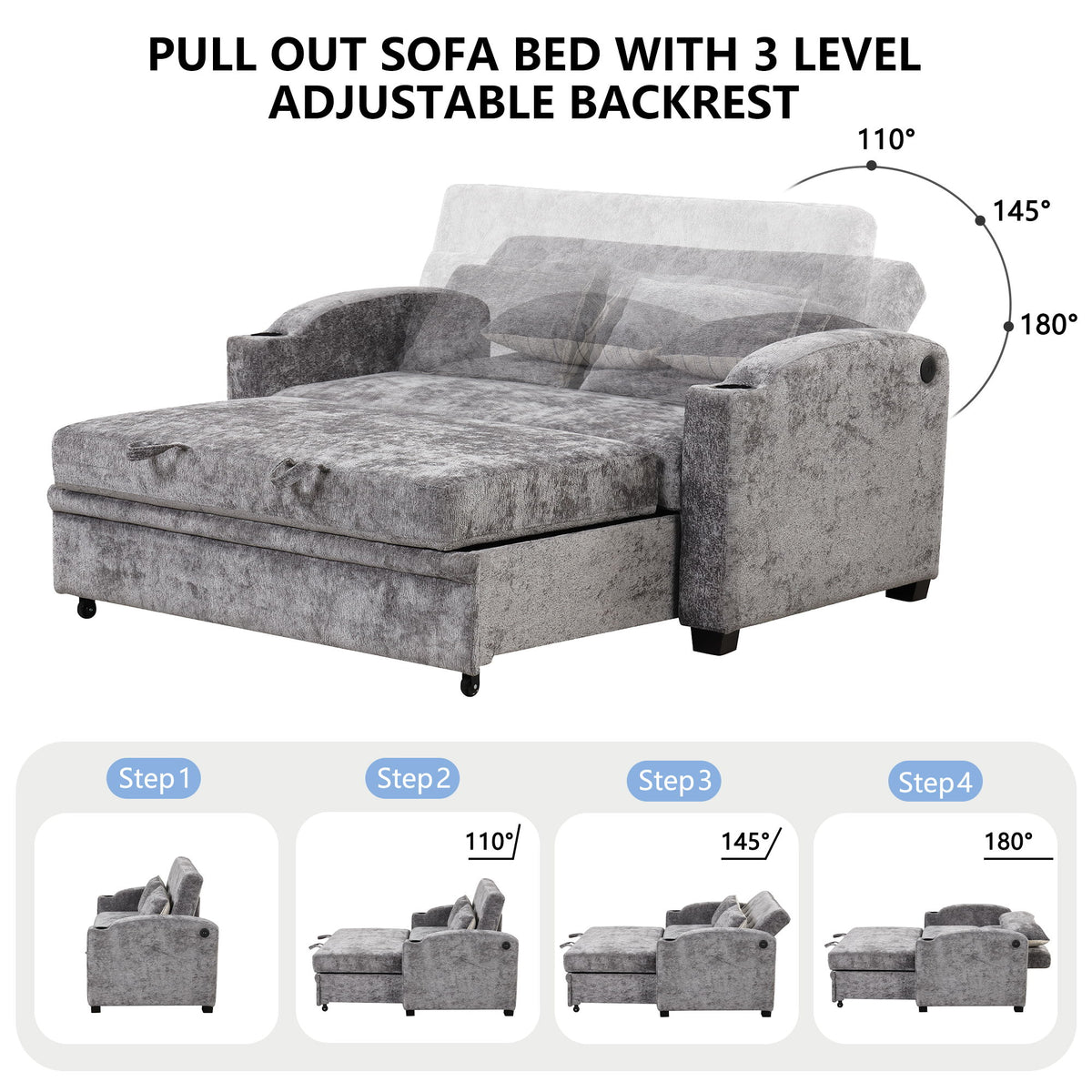 Pull Out Loveseat Sofa With Adjsutable Backrest, 2 Pillows, Cup Holders, USB Ports For Living Room