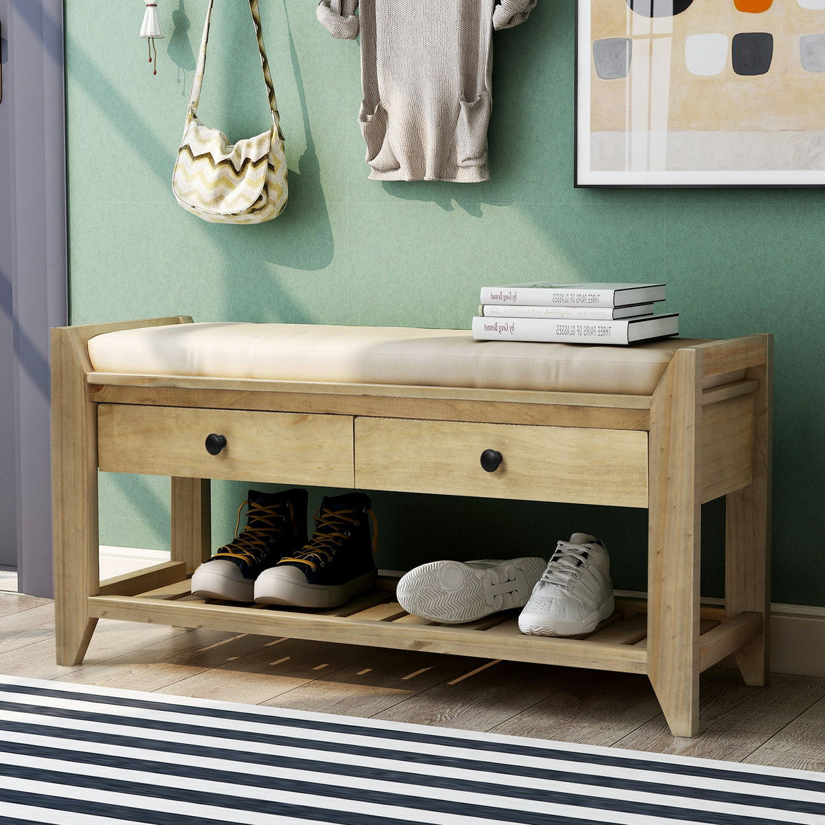 Shoe Rack With Cushioned Seat And Drawers Multipurpose Entryway Storage Bench Wash - Gray Wash