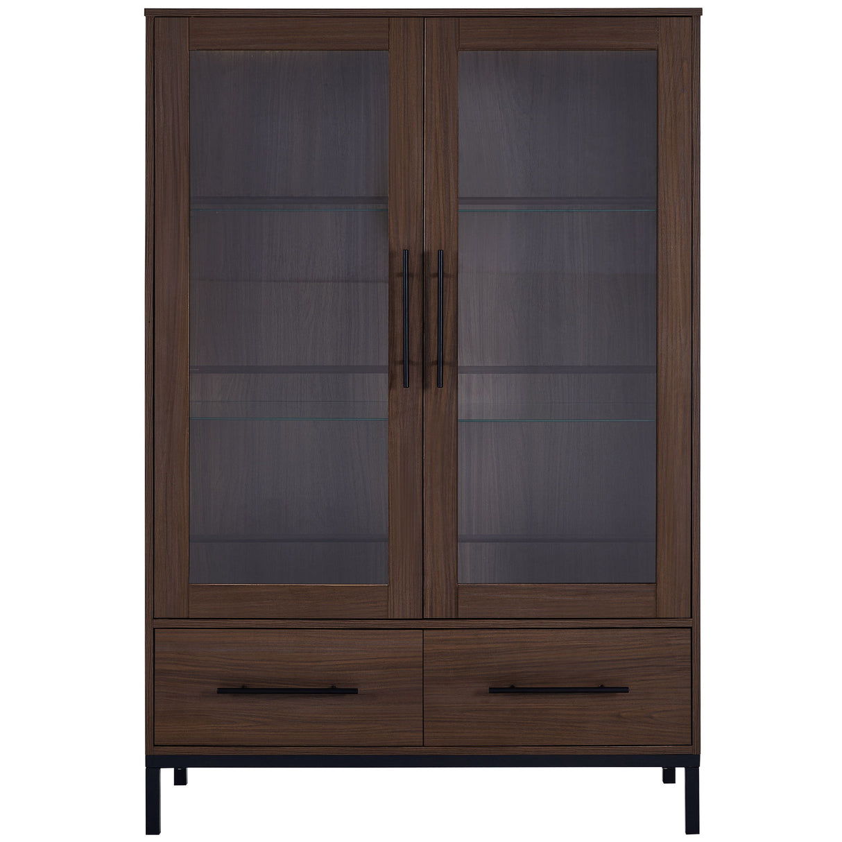 Modern Style Tall Display Cabinet With LED Lighting, Tempered Glass Door, 2 Drawers