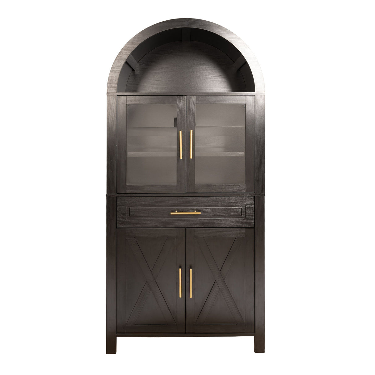Arched Kitchen Pantry Cabinet With Glass Door, Storage Cabinet With Adjustable Shelves & Barn Door - Black