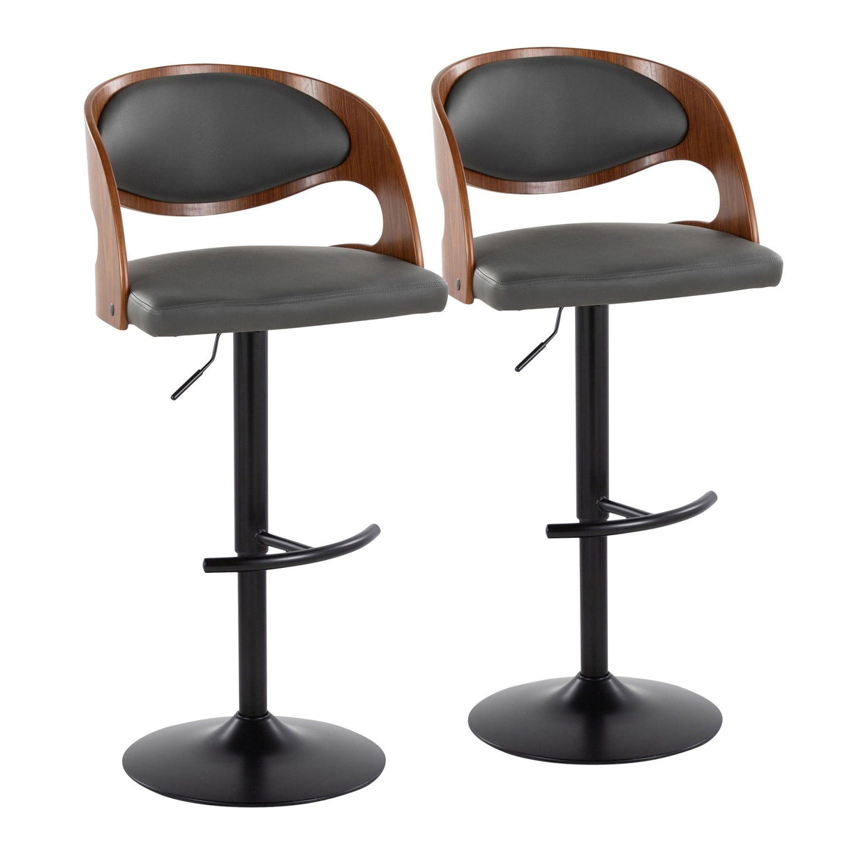 Pino - Mid-Century Modern Adjustable Swivel Barstool (Set of 2) - Black Metal, Walnut Wood