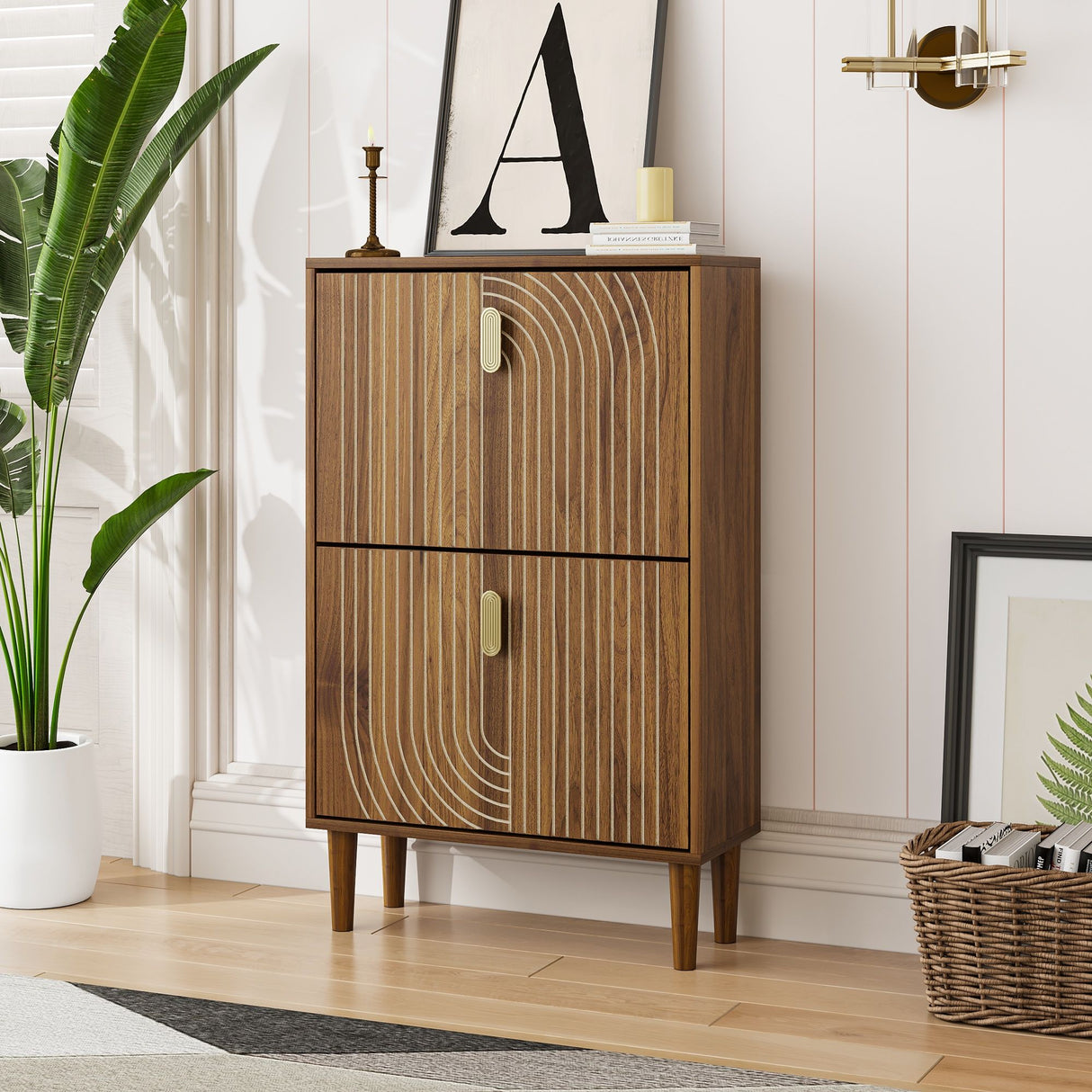 Modern Minimalist Shoe Storage Cabinet With 2 Flip Drawers And Metal Handles - Brown