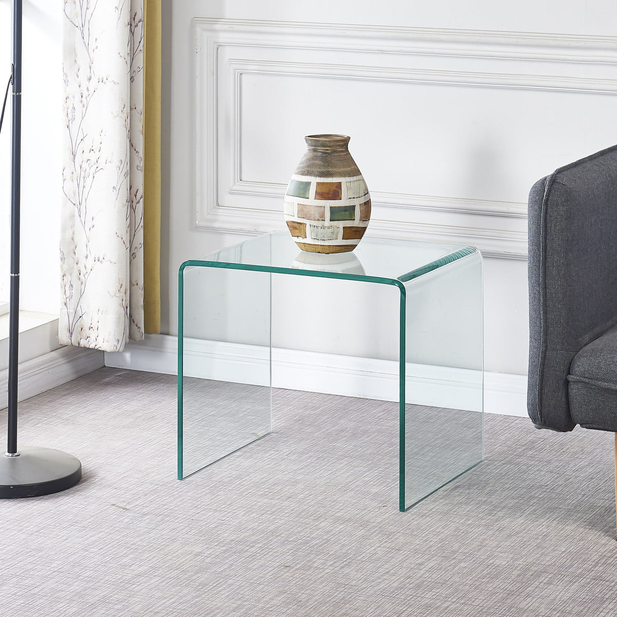 Tempered Bent Glass Sidetable, Transparent End Table, Sofa Table, Premium Glass, Multi Purpose Design - Transparent