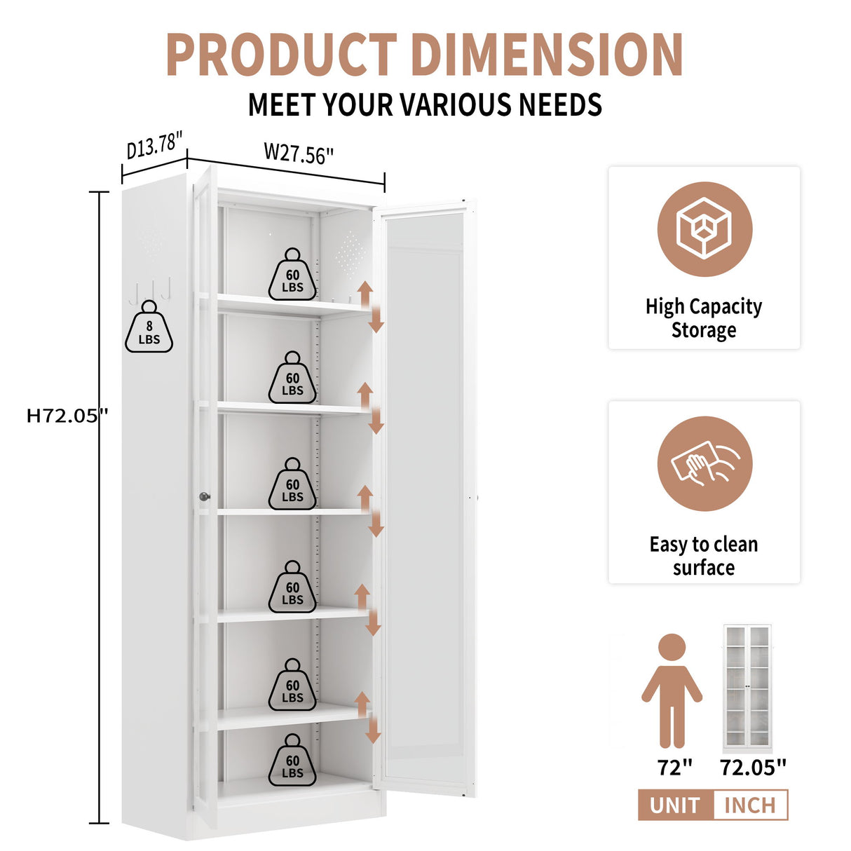 Kitchen Pantry Cabinet With 5 Adjustable Shelves, Freestanding Storage For Kitchen - White