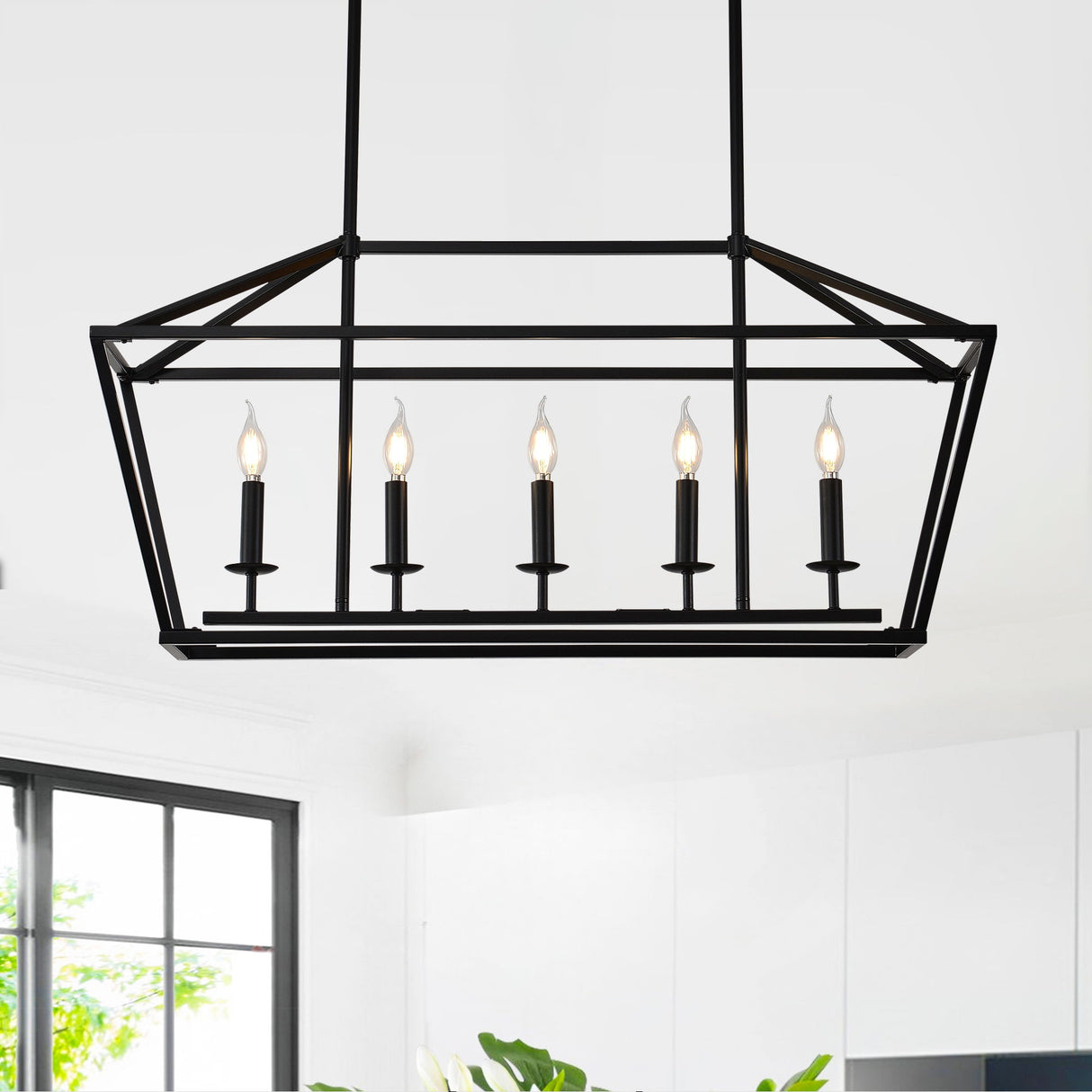 5 Light Farmhouse Kitchen Island Lighting, 5 Light Industrial Linear Chandelier For Dining Room Metal Hanging Pendant Light Fixture For Bedroom Living Room Hallway Conference Room - Matte Black