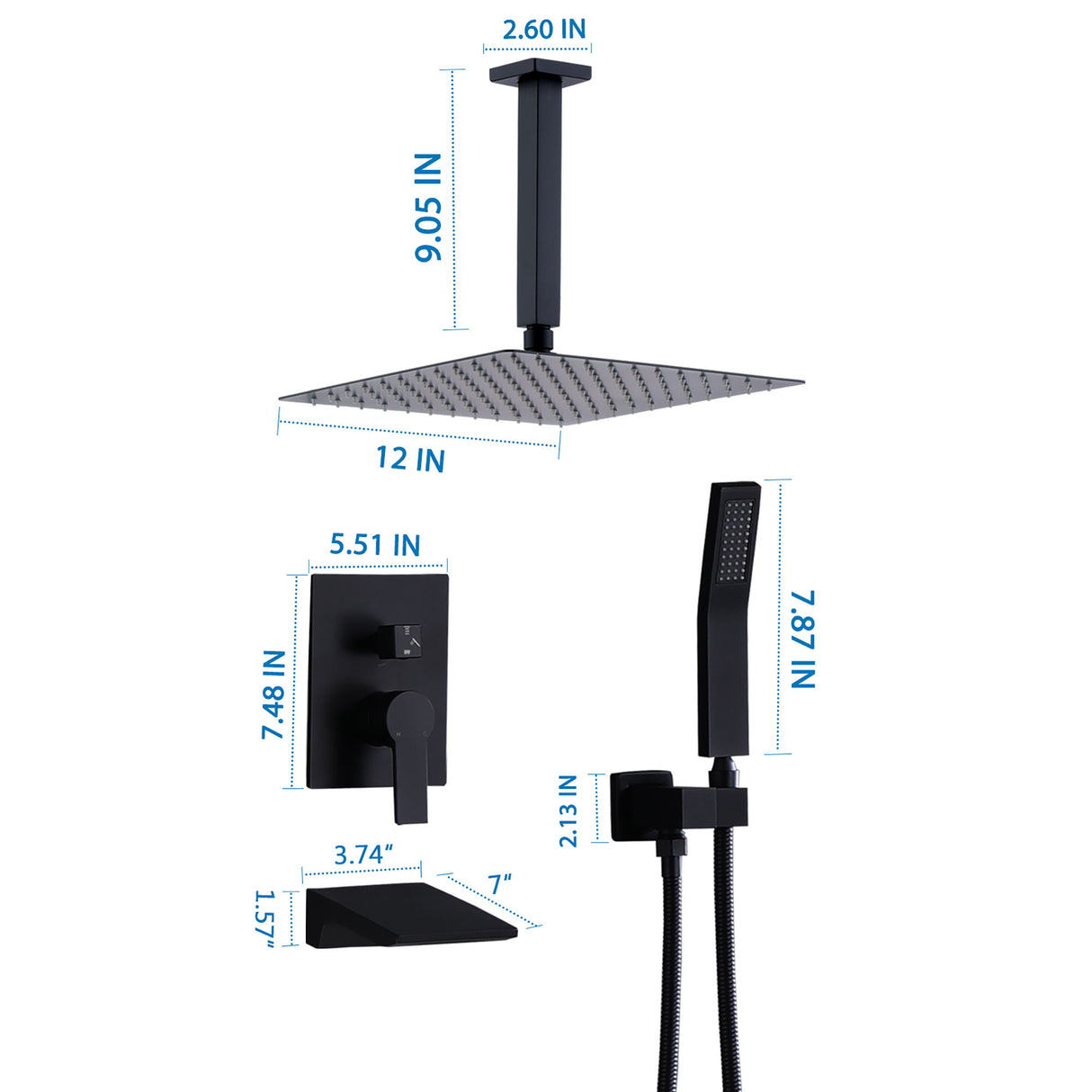 Contemporary Shower System With 12" Rainfall Head And Handheld Spray, Wall Mounted