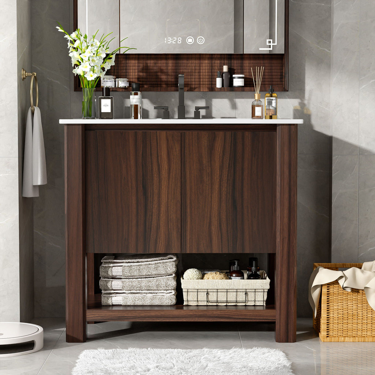 Modern Bathroom Vanity With Rectangle Ceramic Sink, Soft Closing Doors