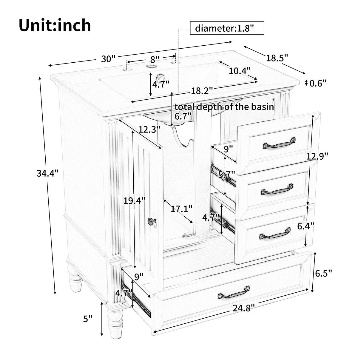 30" Bathroom Vanity With Sink, 3 Drawers, Adjustable Feet