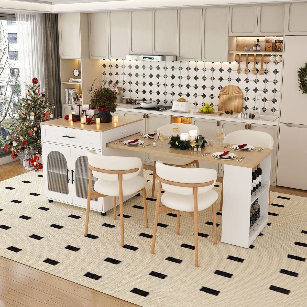 Expandable Kitchen Island With Dining Table - White