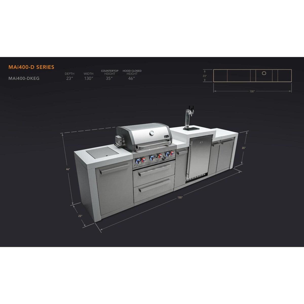 Mont Alpi Deluxe Series 11 Ft Propane Outdoor Kitchen Island w/ Side Burner & Kegerator - MAi400-DKEG