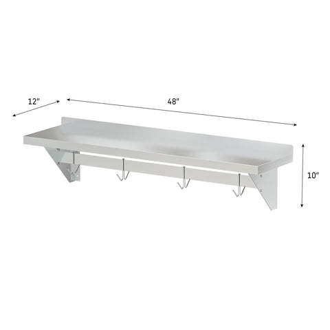 12" x 48" 18-Gauge Stainless-Steel Heavy Duty Wall Shelf with Pot Rack, WMPS-1248 .