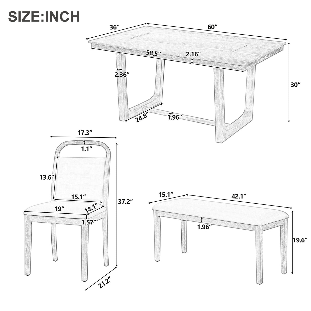 Farmhouse Dining Set With 4 Upholstered Chairs & 1 Bench