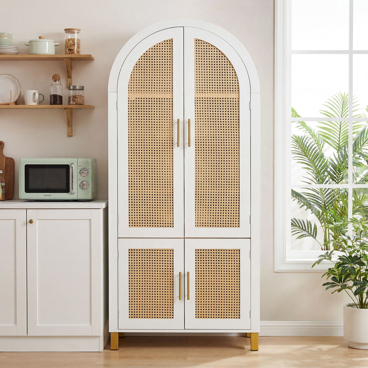 Tall Arched Cabinet With Rattan Doors & Adjustable Shelves