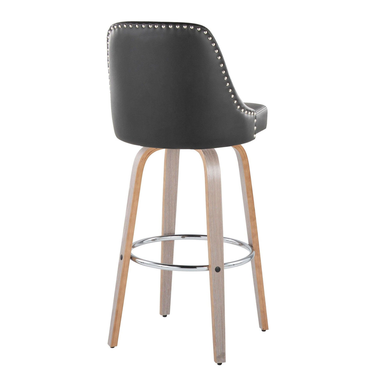 Studded - Marcel Fixed-Height Barstool (Set of 2) - Light Gray Wood, Black Faux Leather, Chrome Metal
