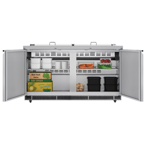 60 in. Commercial Refrigerated Prep Station Cold Table, Stainless-Steel Refrigerator with 12 Pan Storage with Cover and Two Adjustable Shelves, ETL Listed (KM-RBT-60C)