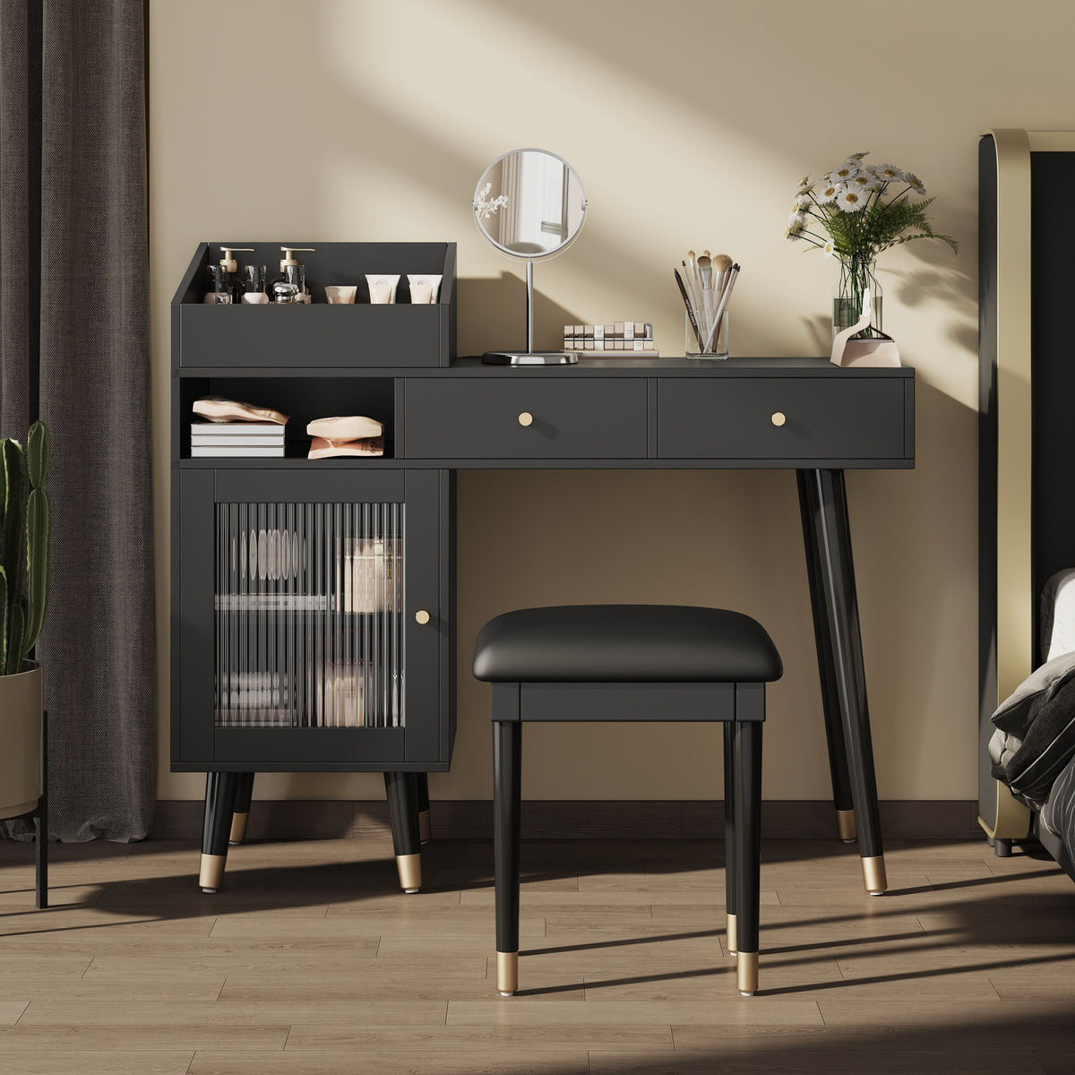 Modern Makeup Vanity Desk With Drawers Cabinet & Charging Port Engineered Wood Space Saving Design For Small Places - Black