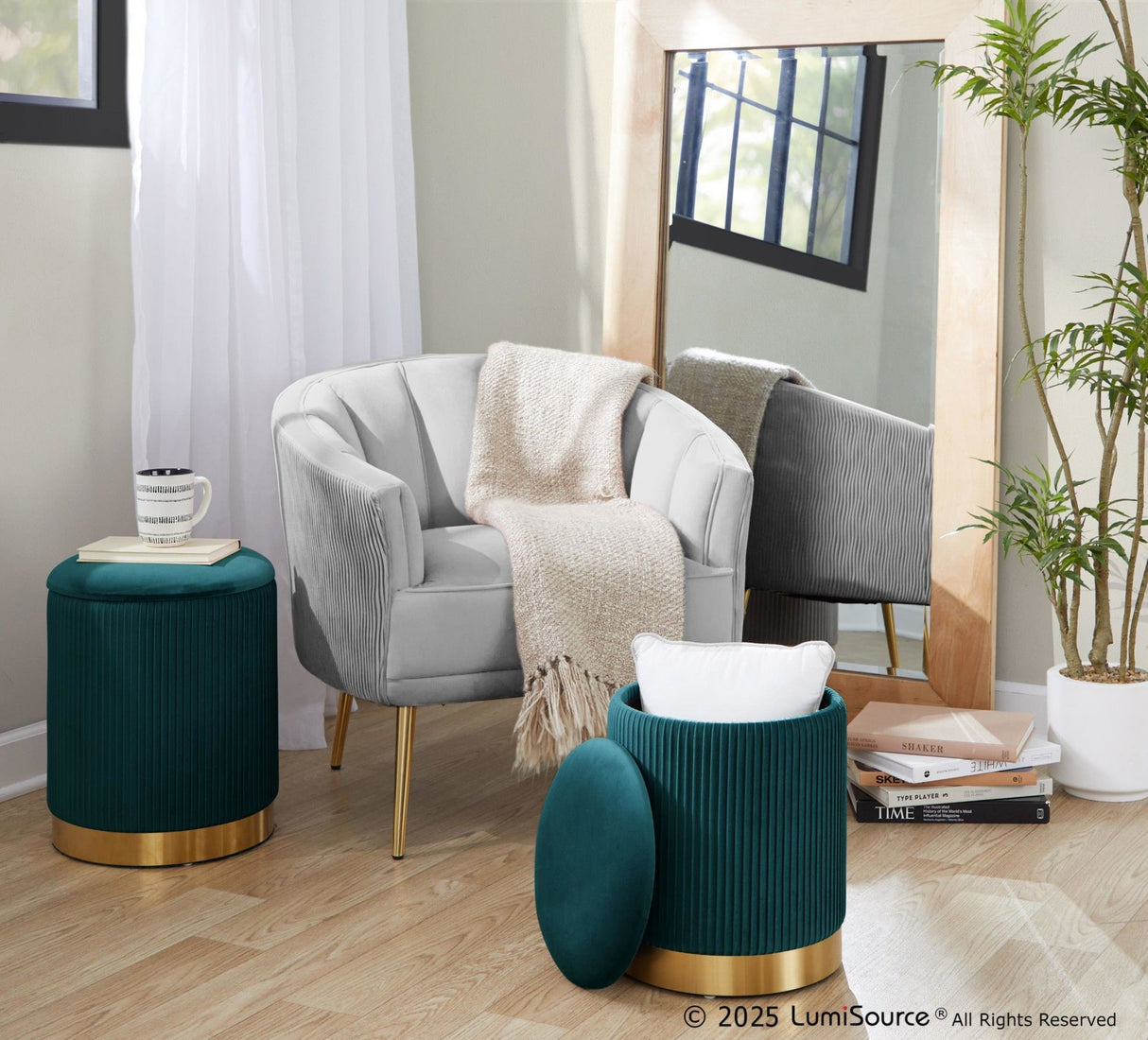 Marla - Nesting Pleated Ottoman (Set of 2) - Gold Metal, Peacock Teal Velvet