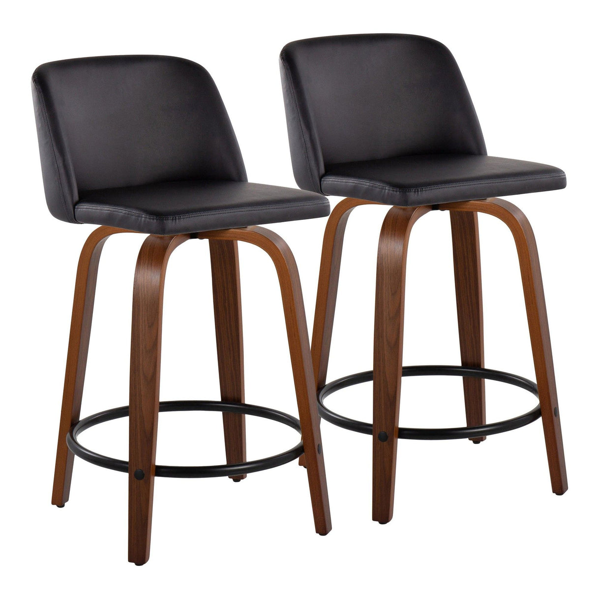 Tintori - Mid-Century Modern Fixed-Height Swivel Counter Stool (Set of 2) - Walnut Wood And Black Faux Leather With Round Black Metal Footrest