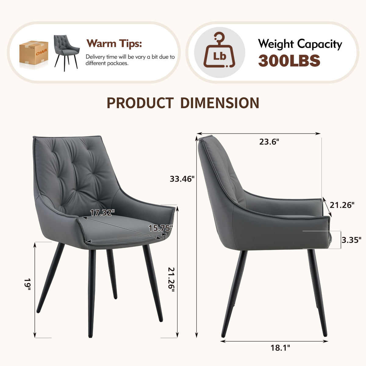 Dining Kitchen Chairs, Flat Back (Set of 2) - Dark Gray