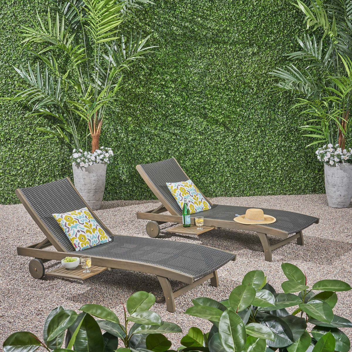 Outdoor Chaise Lounge With Pull Out Tray And Wicker Seat - Gray