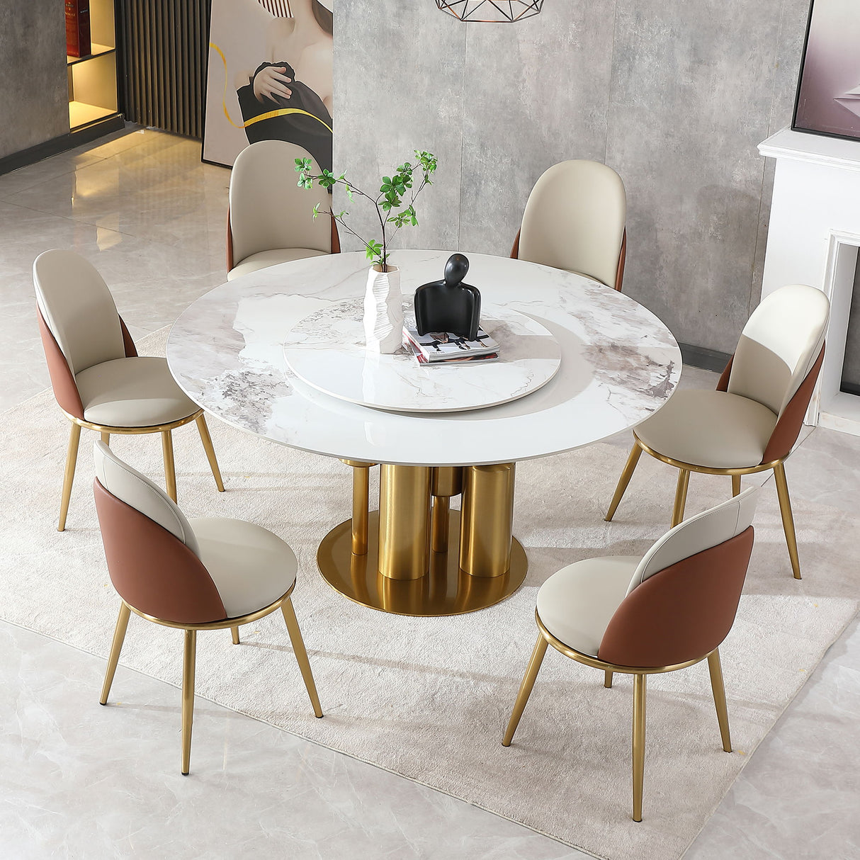 Round Stone Burning Table, Modern Marble Dining Table With Chairs