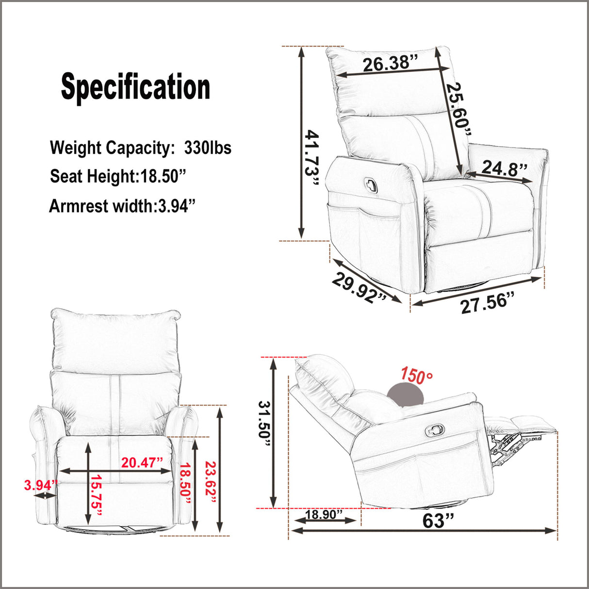 360° Modern Small Rocking Swivel Recliner Chair With Side Pocket